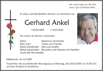 Anzeige von Gerhard Ankel von Schwäbische Zeitung