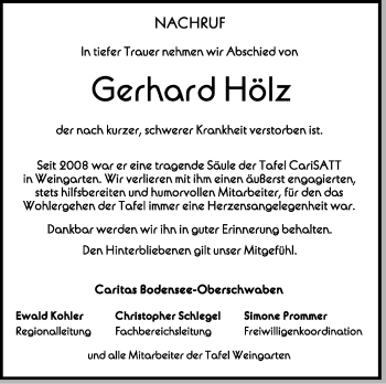 Anzeige von Gerhard Hölz von Schwäbische Zeitung