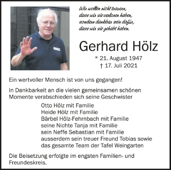 Anzeige von Gerhard Hölz von Schwäbische Zeitung