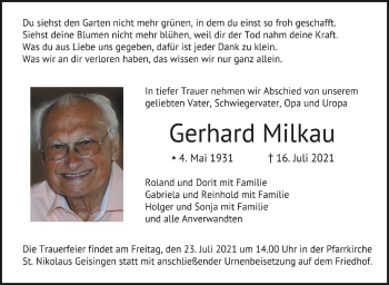 Anzeige von Gerhard Milkau von Schwäbische Zeitung