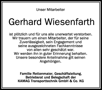 Anzeige von Gerhard Wiesenfarth von Schwäbische Zeitung