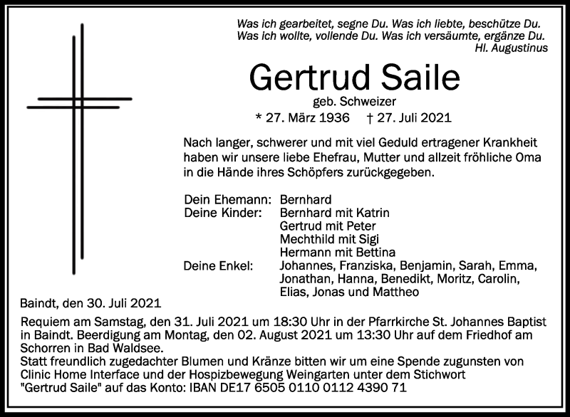  Traueranzeige für Gertrud Saile vom 30.07.2021 aus Schwäbische Zeitung