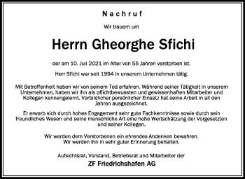 Anzeige von Gheorghe Sfichi von Schwäbische Zeitung