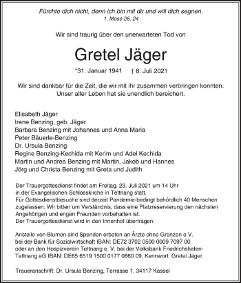 Anzeige von Gretel Jäger von Schwäbische Zeitung