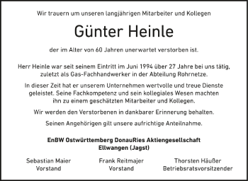Anzeige von Günter Heinle von Schwäbische Zeitung