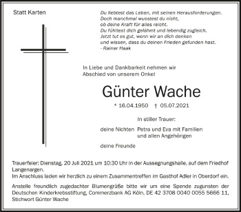 Anzeige von Günter Wache von Schwäbische Zeitung