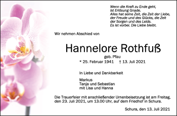 Anzeige von Hannelore Rothfuß von Schwäbische Zeitung