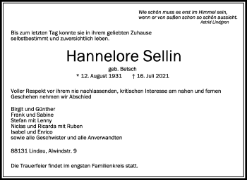 Anzeige von Hannelore Sellin von Schwäbische Zeitung