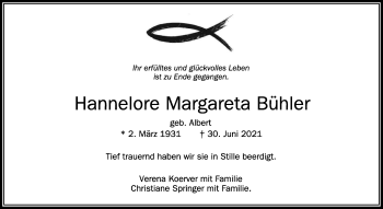 Anzeige von Hannelore Margareta Bühler von Schwäbische Zeitung