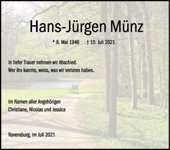 Anzeige von Hans-Jürgen Münz von Schwäbische Zeitung