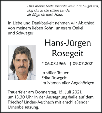 Anzeige von Hans-Jürgen Rosegeit von Schwäbische Zeitung