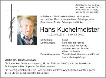 Anzeige von Hans Kuchelmeister von Schwäbische Zeitung