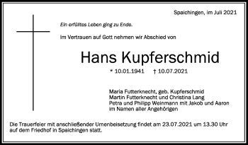 Anzeige von Hans Kupferschmid von Schwäbische Zeitung