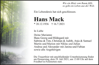 Anzeige von Hans Mack von Schwäbische Zeitung
