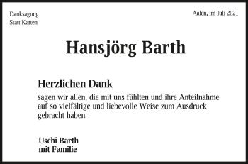 Anzeige von Hansjörg Barth von Schwäbische Zeitung