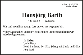 Anzeige von Hansjörg Barth von Schwäbische Zeitung
