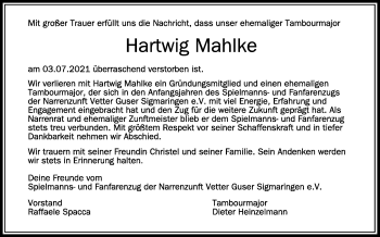 Anzeige von Hartwig Mahlke von Schwäbische Zeitung