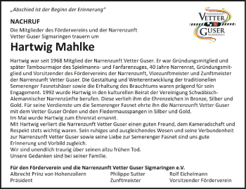 Anzeige von Hartwig Mahlke von Schwäbische Zeitung