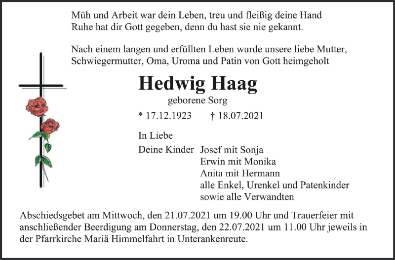  Traueranzeige für Hedwig Haag vom 21.07.2021 aus Schwäbische Zeitung