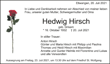 Anzeige von Hedwig Hirsch von Schwäbische Zeitung