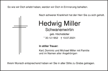 Anzeige von Hedwig Miller von Schwäbische Zeitung