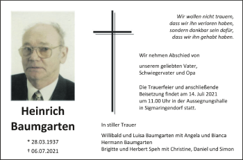 Anzeige von Heinrich Baumgarten von Schwäbische Zeitung