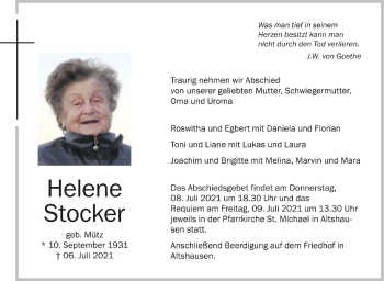 Anzeige von Helene Stocker von Schwäbische Zeitung