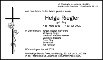 Anzeige von Helga Riegler von Schwäbische Zeitung