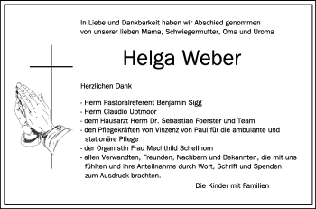 Anzeige von Helga Weber von Schwäbische Zeitung