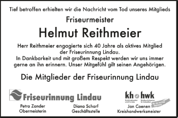 Anzeige von Helmut Reithmeier von Schwäbische Zeitung