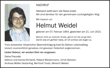Anzeige von Helmut Weidel von Schwäbische Zeitung