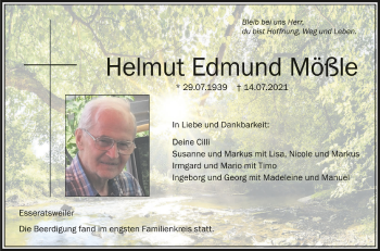 Anzeige von Helmut Edmund Mößle von Schwäbische Zeitung