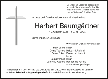 Anzeige von Herbert Baumgärtner von Schwäbische Zeitung