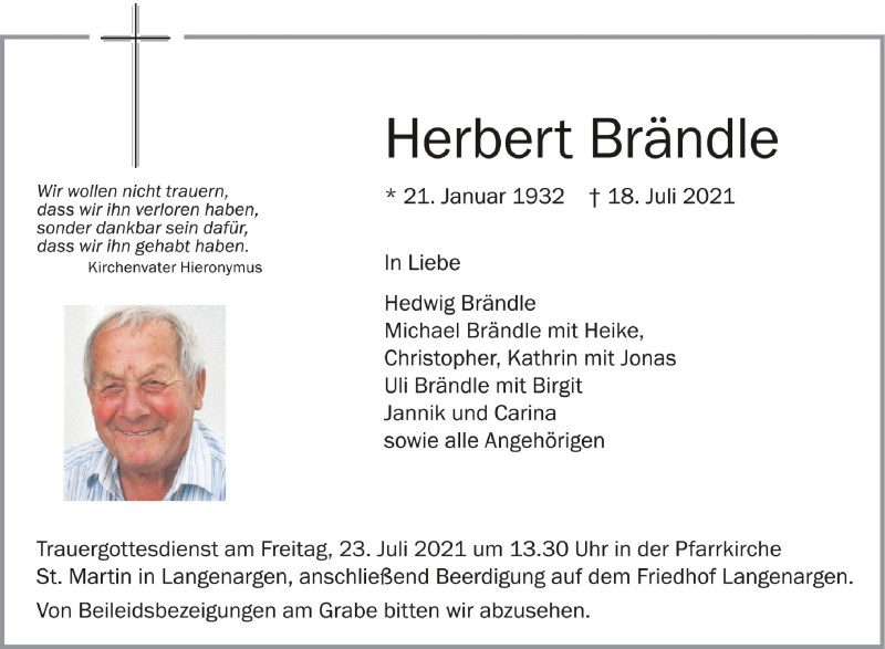  Traueranzeige für Herbert Brändle vom 21.07.2021 aus Schwäbische Zeitung
