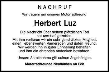 Anzeige von Herbert Luz von Schwäbische Zeitung