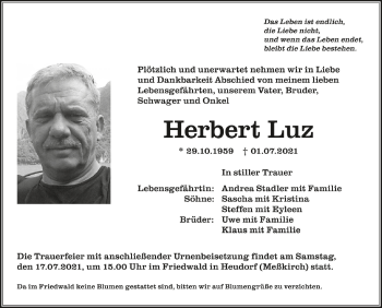 Anzeige von Herbert Luz von Schwäbische Zeitung