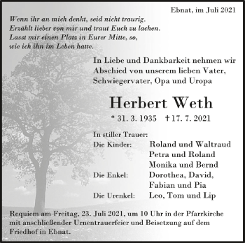 Anzeige von Herbert Weth von Schwäbische Zeitung