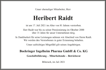 Anzeige von Heribert Raidt von Schwäbische Zeitung