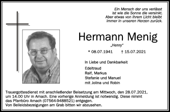 Anzeige von Hermann Menig von Schwäbische Zeitung