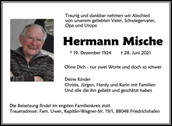 Anzeige von Hermann Mische von Schwäbische Zeitung