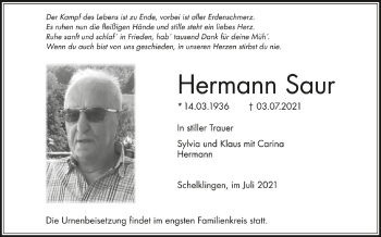 Anzeige von Hermann Saur von Schwäbische Zeitung