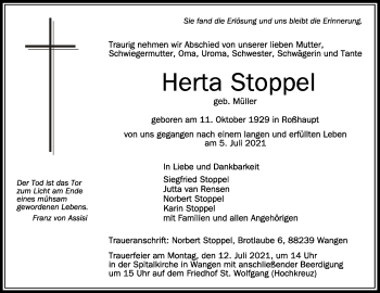 Anzeige von Herta Stoppel von Schwäbische Zeitung