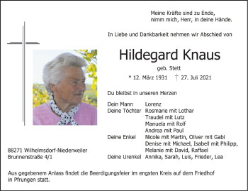 Anzeige von Hildegard Knaus von Schwäbische Zeitung
