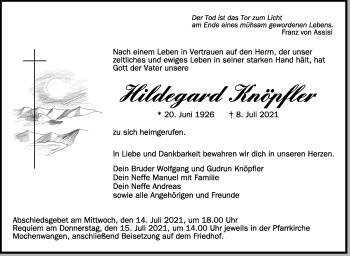 Anzeige von Hildegard Knöpfler von Schwäbische Zeitung