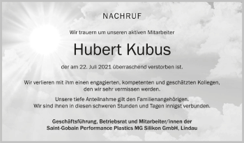 Anzeige von Hubert Kubus von Schwäbische Zeitung