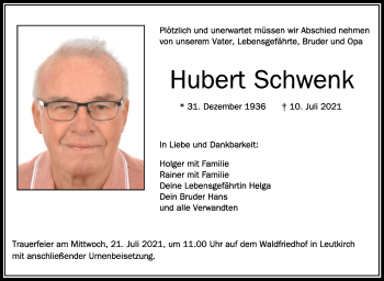 Anzeige von Hubert Schwenk von Schwäbische Zeitung