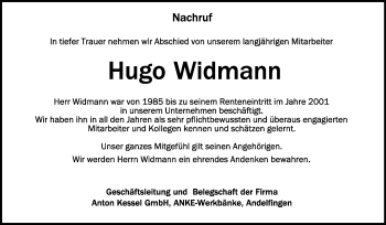 Anzeige von Hugo Widmann von Schwäbische Zeitung