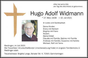 Anzeige von Hugo Adolf Widmann von Schwäbische Zeitung