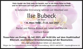 Anzeige von Ilse Bubeck von Schwäbische Zeitung