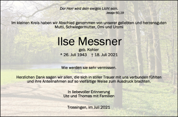 Anzeige von Ilse Messner von Schwäbische Zeitung